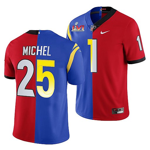 Men's Red/Royal Los Angeles Rams X Georgia Bulldogs #25 Sony Michel Split Super Bowl LVI Stitched Jersey